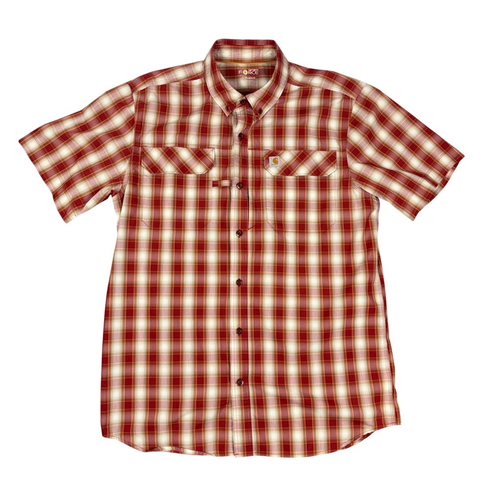 Carhartt Button Down Shirt Mens Large Red Plaid Force‎ Relaxed Fit Short Sleeve
